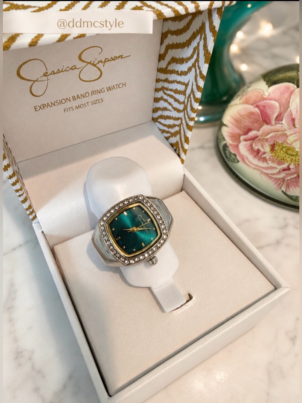 new pretty Jessica Simpson Teal Face Silver Watch Ring with Crystal Accents